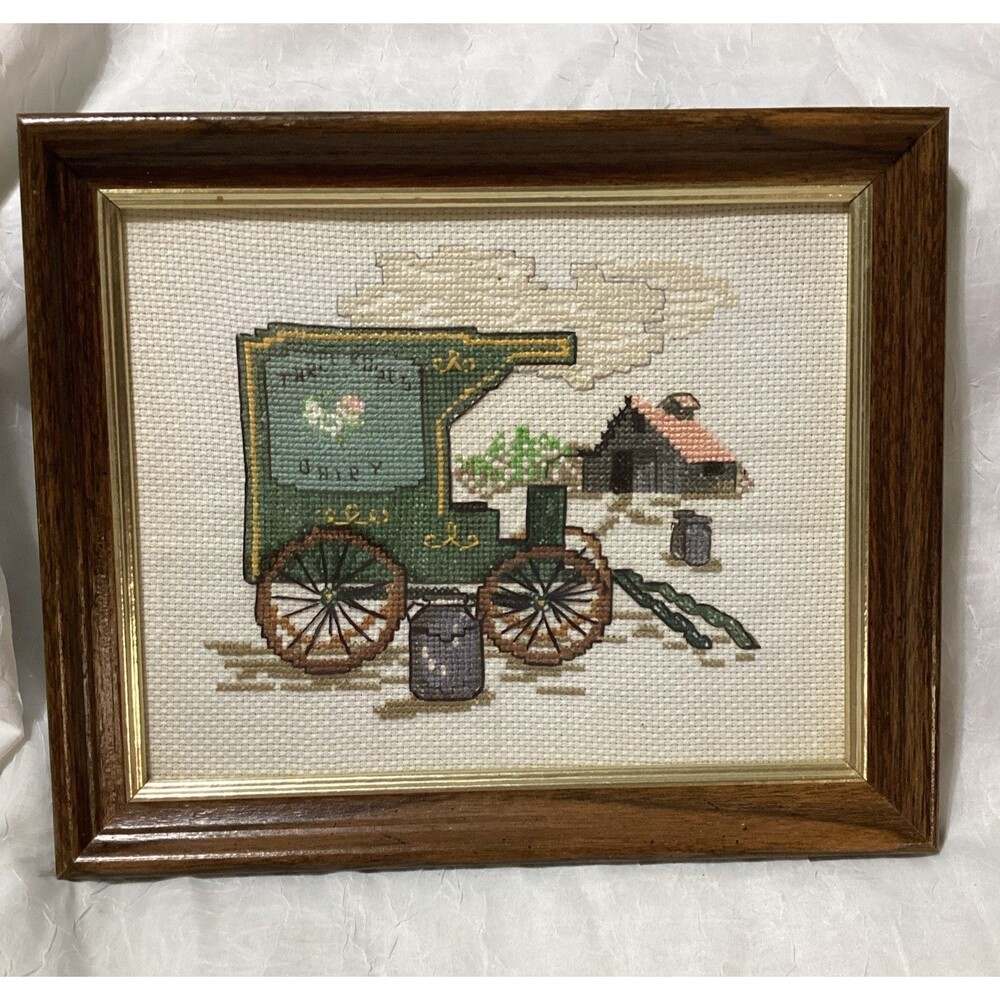 Framed Finished Cross Stitch Needlework Buggy Three Roses Dairy With Barn 10x12"